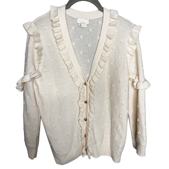 Kate Spade Wool Blend Ruffle Cardigan Sweater Cream Pom Bobble Knit Small - Picture 4 of 9